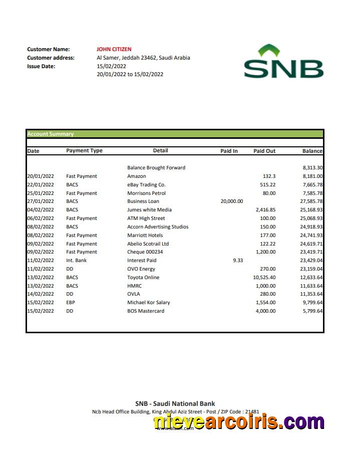 Saudi Arabia SNB bank statement xls